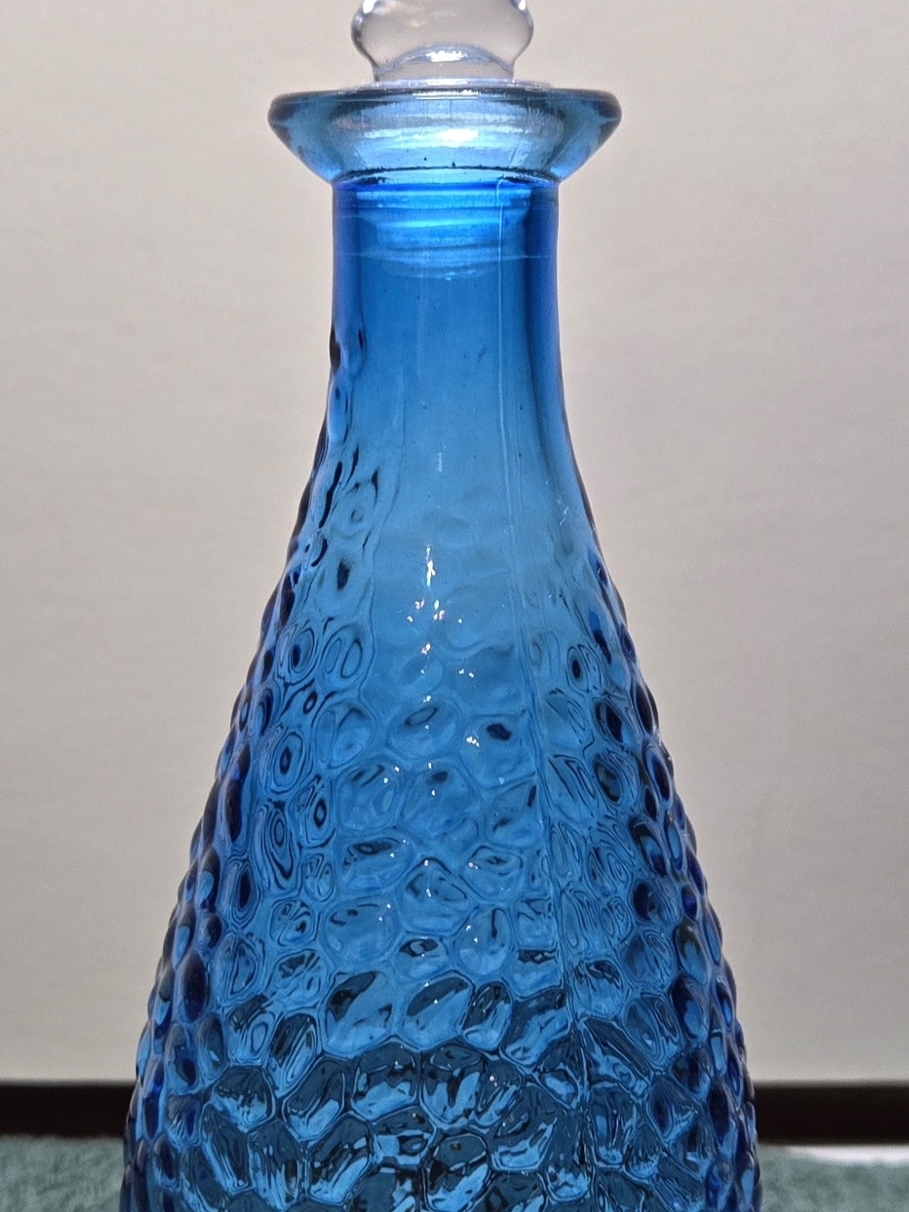 Vintage Blue Glass Decanter Shell Stopper Coastal Decor Mid Century
